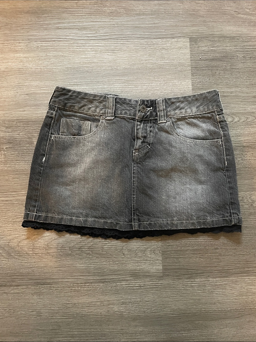 Brody Black Washed Denim Mini Skirt with Lace Trim